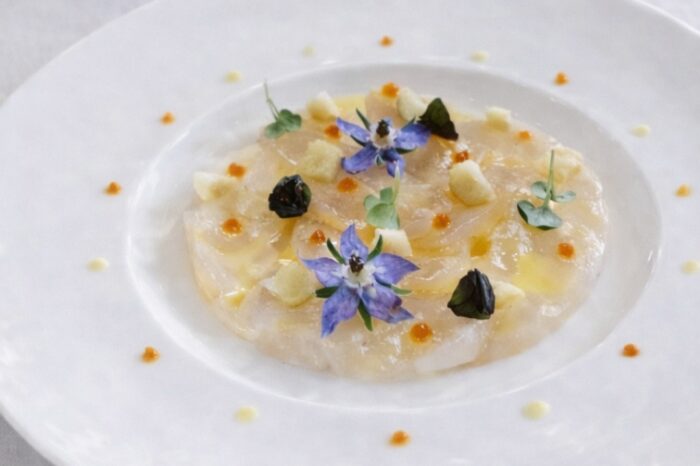 Carpaccio de Saint-Jacques, marmelade de mandarine et macadamia