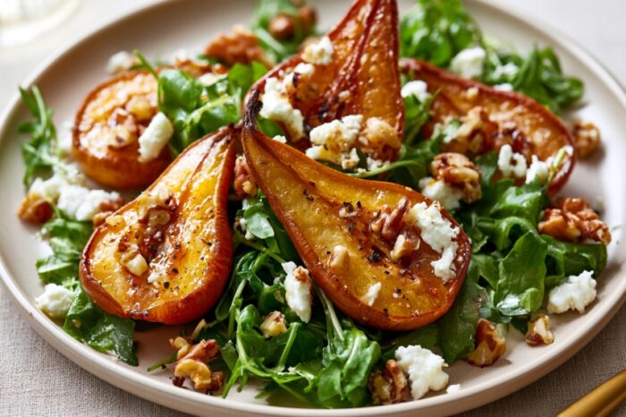 Recette de poires rôties, sérac, roquette et noix