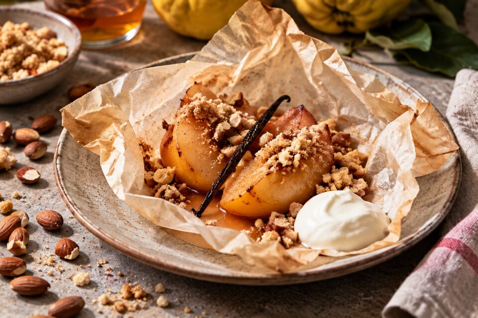 Recette de coings en papillote, miel et crumble aux amandes